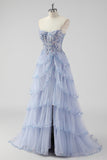 Lavender A Line Strapless Sequins Corset Tiered Prom Dress with Slit