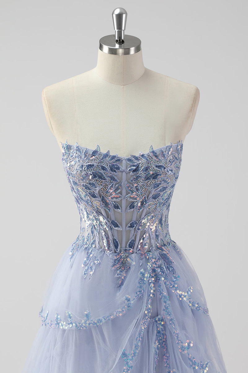 Load image into Gallery viewer, Sparkly Sage Green A Line Spaghetti Straps Sequins Corset Tiered Prom Dress with Slit