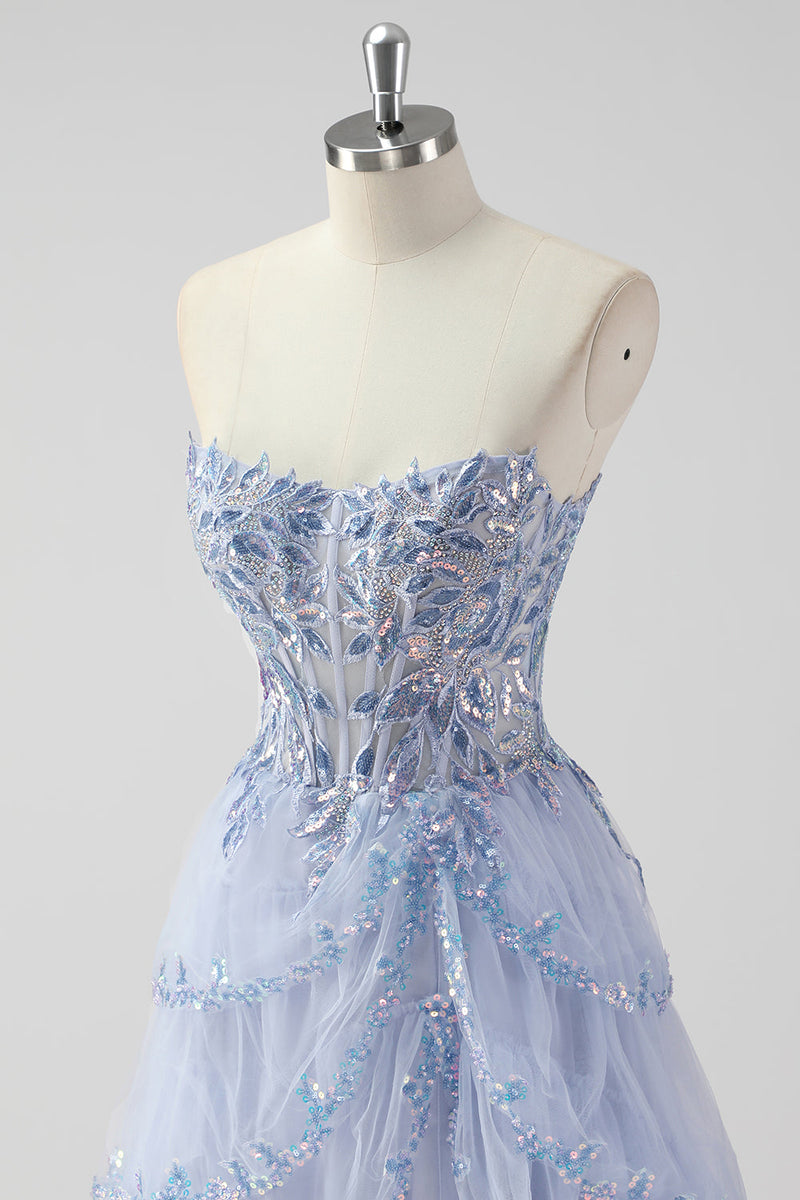 Load image into Gallery viewer, Sparkly Sage Green A Line Spaghetti Straps Sequins Corset Tiered Prom Dress with Slit