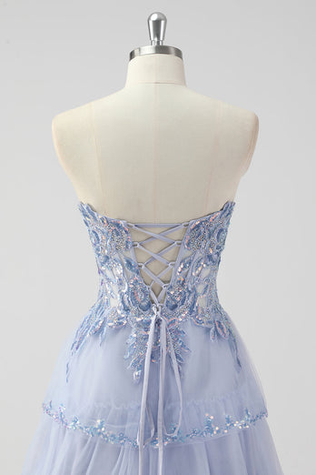 Sparkly Sage Green A Line Spaghetti Straps Sequins Corset Tiered Prom Dress with Slit
