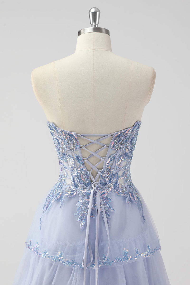 Load image into Gallery viewer, Lavender A Line Strapless Sequins Corset Tiered Prom Dress with Slit