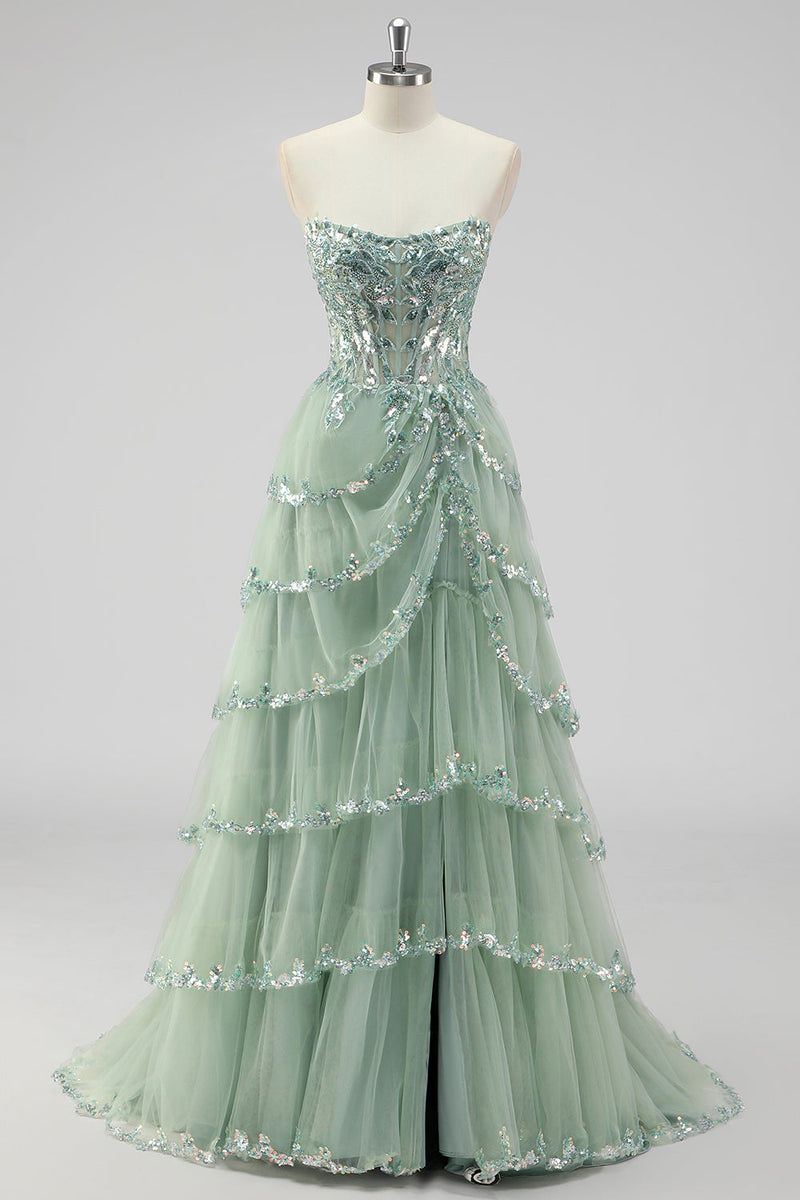 Load image into Gallery viewer, Sparkly Sage Green A Line Spaghetti Straps Sequins Corset Tiered Prom Dress with Slit