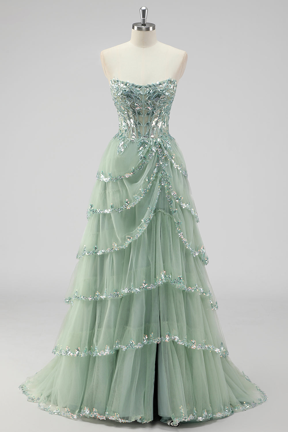 Sparkly Sage Green A Line Spaghetti Straps Sequins Corset Tiered Prom Dress with Slit