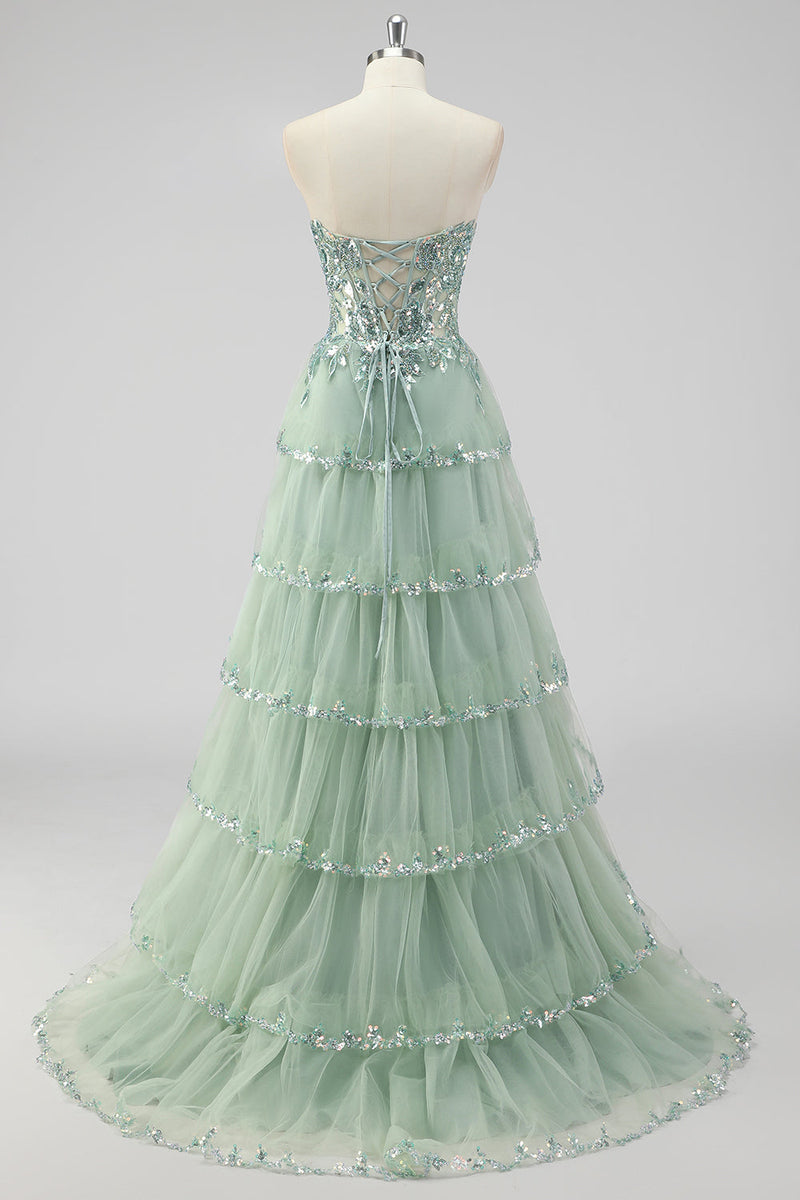 Load image into Gallery viewer, Lavender A Line Strapless Sequins Corset Tiered Prom Dress with Slit