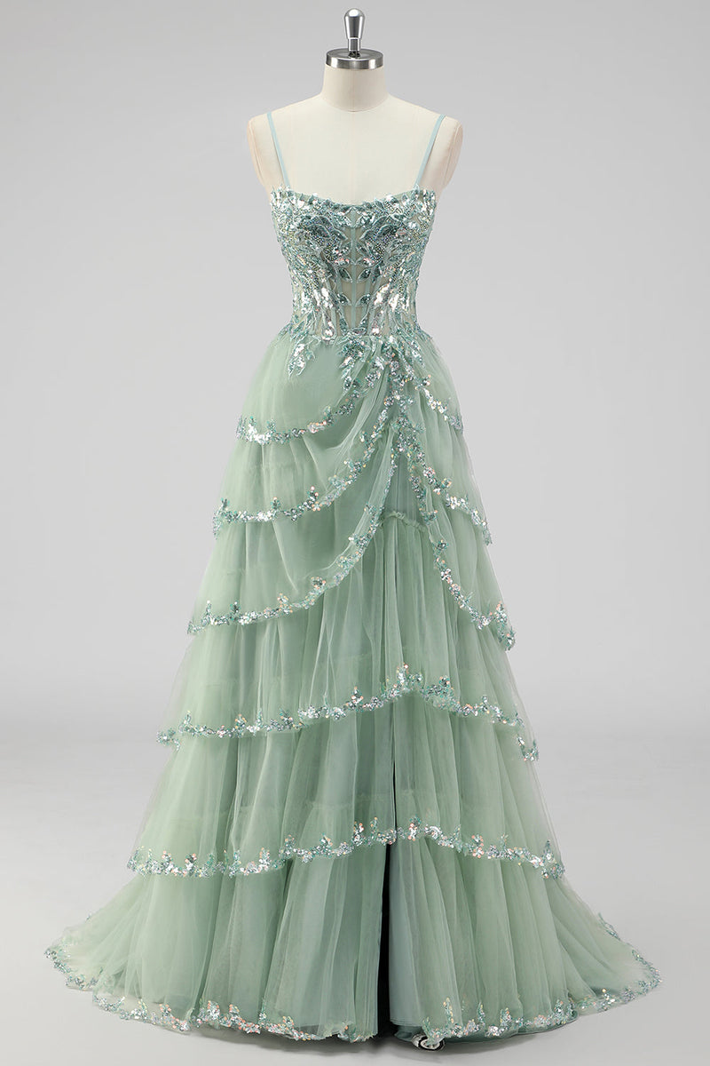 Load image into Gallery viewer, Lavender A Line Strapless Sequins Corset Tiered Prom Dress with Slit