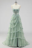 Sparkly Sage Green A Line Spaghetti Straps Sequins Corset Tiered Prom Dress with Slit