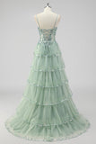 Sparkly Sage Green A Line Spaghetti Straps Sequins Corset Tiered Prom Dress with Slit