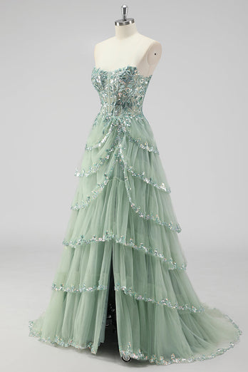 Lavender A Line Strapless Sequins Corset Tiered Prom Dress with Slit
