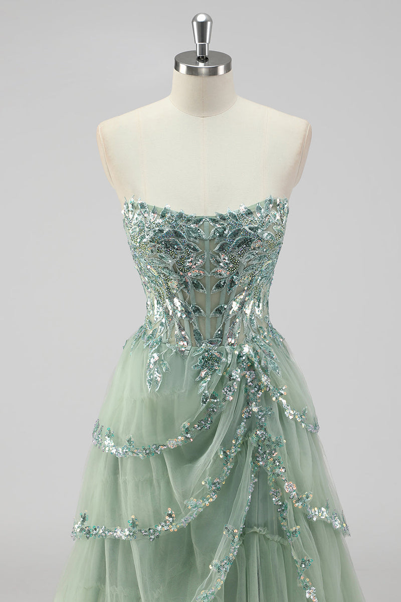 Load image into Gallery viewer, Lavender A Line Strapless Sequins Corset Tiered Prom Dress with Slit