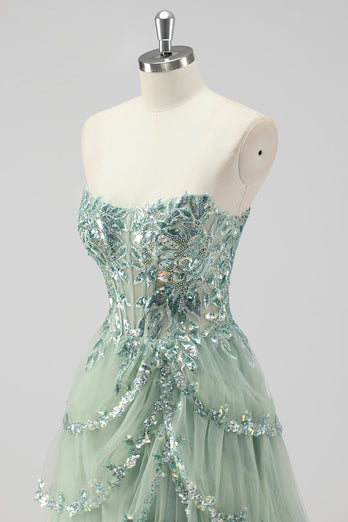 Lavender A Line Strapless Sequins Corset Tiered Prom Dress with Slit