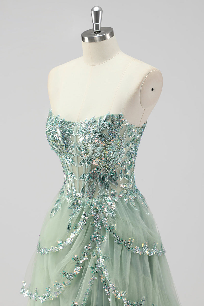 Load image into Gallery viewer, Lavender A Line Strapless Sequins Corset Tiered Prom Dress with Slit