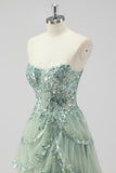 Sparkly Sage Green A Line Spaghetti Straps Sequins Corset Tiered Prom Dress with Slit