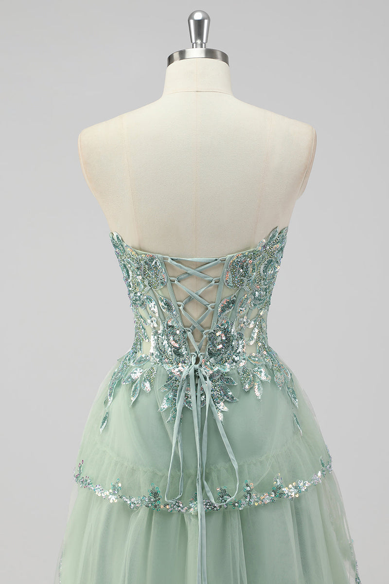 Load image into Gallery viewer, Sparkly Sage Green A Line Spaghetti Straps Sequins Corset Tiered Prom Dress with Slit