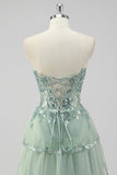 Sparkly Sage Green A Line Spaghetti Straps Sequins Corset Tiered Prom Dress with Slit
