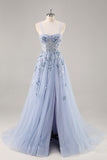 Blue Strapless A Line Sequins Tulle Corset Long Prom Dress With Slit