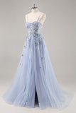 Blue Strapless A Line Sequins Tulle Corset Long Prom Dress With Slit
