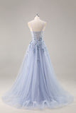 Blue Strapless A Line Sequins Tulle Corset Long Prom Dress With Slit