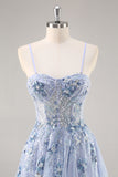 Blue Strapless A Line Sequins Tulle Corset Long Prom Dress With Slit