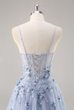 Blue Strapless A Line Sequins Tulle Corset Long Prom Dress With Slit
