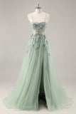 Blue Strapless A Line Sequins Tulle Corset Long Prom Dress With Slit