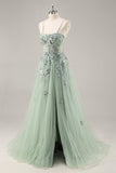 Blue Strapless A Line Sequins Tulle Corset Long Prom Dress With Slit