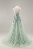 Sparkly Green A Line Strapless Sequins Corset Tulle Long Prom Dress With Slit