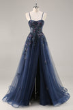 Blue Strapless A Line Sequins Tulle Corset Long Prom Dress With Slit