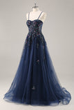 Blue Strapless A Line Sequins Tulle Corset Long Prom Dress With Slit
