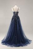 Blue Strapless A Line Sequins Tulle Corset Long Prom Dress With Slit
