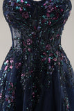 Blue Strapless A Line Sequins Tulle Corset Long Prom Dress With Slit