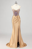 Mermaid Sparkly Corset Gold Prom Dress with Slit