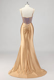 Mermaid Sparkly Corset Gold Prom Dress with Slit