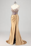 Mermaid Sparkly Corset Gold Prom Dress with Slit