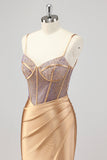 Mermaid Sparkly Corset Gold Prom Dress with Slit