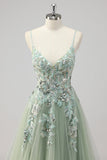 Green Sequin A Line Appliqued Prom Dress with Slit