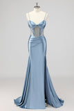 Mermaid Grey Blue Corset Beaded Prom Dress with Slit