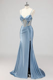 Mermaid Grey Blue Corset Beaded Prom Dress with Slit