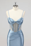Mermaid Grey Blue Corset Beaded Prom Dress with Slit