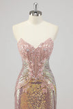 Strapless Mermaid Blush Corset Sequin Prom Dress