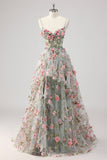 A Line Grey Green Beaded Corset Long Prom Dress with 3D Flowers