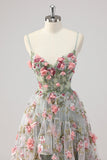A Line Grey Green Beaded Corset Long Prom Dress with 3D Flowers