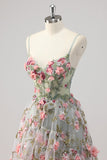 A Line Grey Green Beaded Corset Long Prom Dress with 3D Flowers