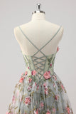 A Line Grey Green Beaded Corset Long Prom Dress with 3D Flowers