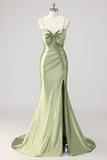 Corset Mermaid Satin Green Beaded Prom Dress with Slit