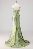 Corset Mermaid Satin Green Beaded Prom Dress with Slit