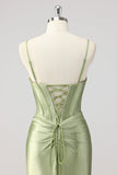 Corset Mermaid Satin Green Beaded Prom Dress with Slit