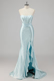 Strapless Mermaid Beaded Blue Prom Dress