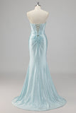 Strapless Mermaid Beaded Blue Prom Dress