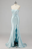Strapless Mermaid Beaded Blue Prom Dress