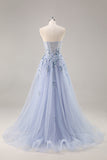 Blue Strapless A Line Sequins Tulle Corset Long Prom Dress With Slit